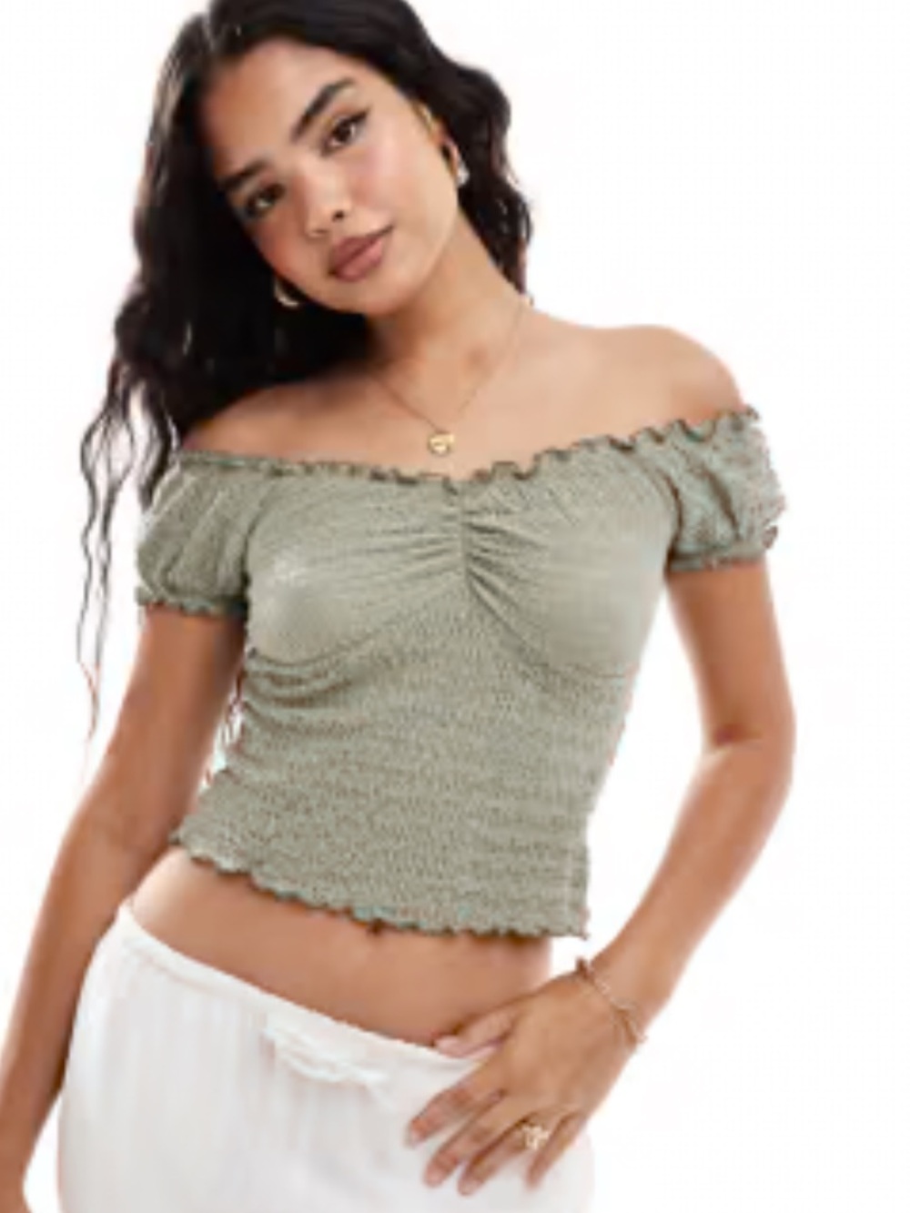 Salty Lemon NWT- Khaki-tan Shirred Bodice top- on or off shoulder Sz L-Sold Out - Picture 3 of 13